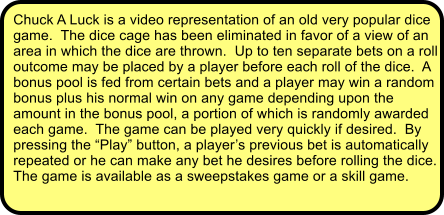 Chuck A Luck is a video representation of an old very popular dice game.  The dice cage has been eliminated in favor of a view of an area in which the dice are thrown.  Up to ten separate bets on a roll outcome may be placed by a player before each roll of the dice.  A bonus pool is fed from certain bets and a player may win a random bonus plus his normal win on any game depending upon the amount in the bonus pool, a portion of which is randomly awarded each game.  The game can be played very quickly if desired.  By pressing the Play button, a players previous bet is automatically repeated or he can make any bet he desires before rolling the dice.  The game is available as a sweepstakes game or a skill game.
